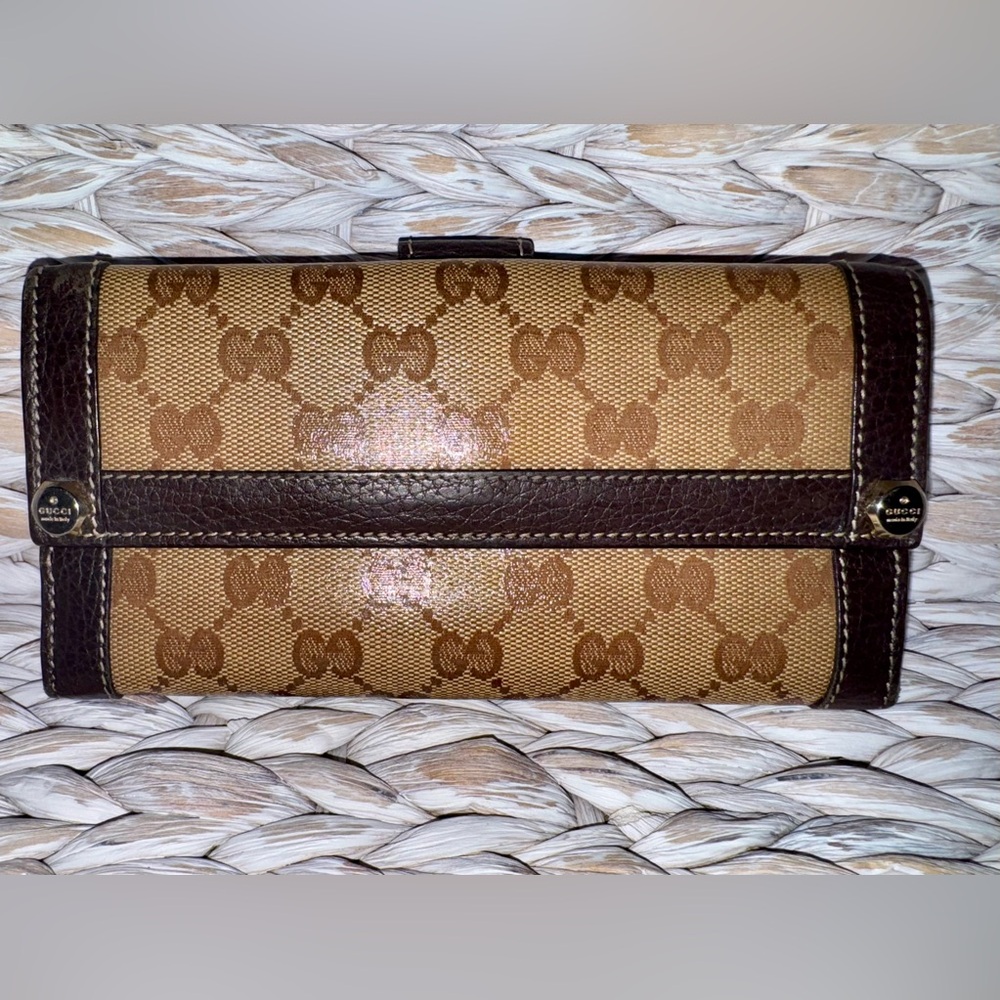 Gucci Wallet Clutch Womens Brown Canvas Leather Trim Lined Pin Latch Pockets New